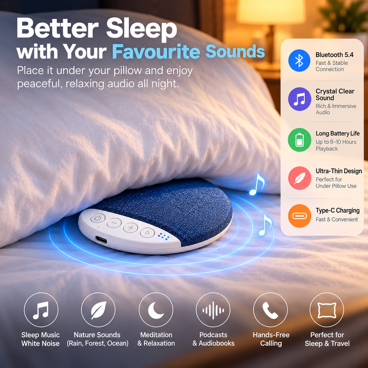 Snoozy™ Bluetooth Pillow Speaker | Ultra-Thin Sleep & Relaxation Speaker