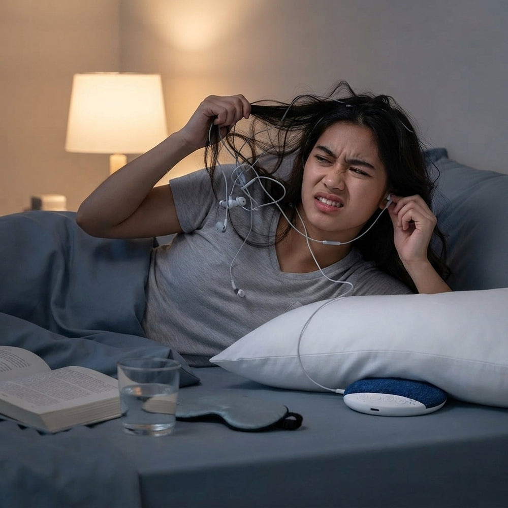 A person lying in bed looking frustrated while struggling with tangled wired earbuds before sleep in a cozy bedroom.