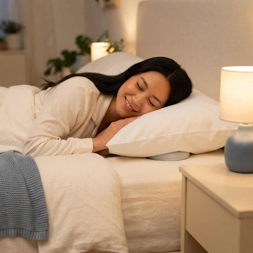 A person relaxing in bed using a Snoozy Bluetooth speaker placed under a white pillow for comfortable listening.